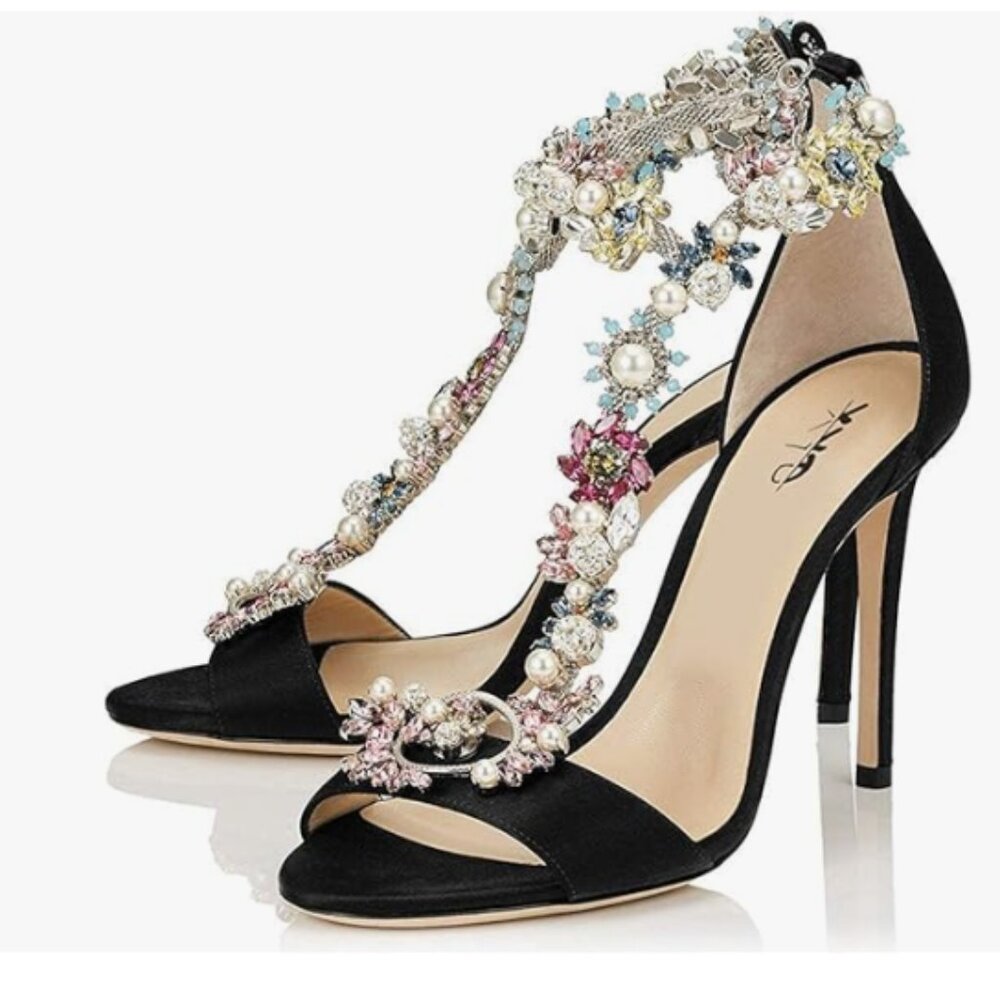XYD Black Evening High Heel Wedding Rhinestones T-Strap Crystal Prom Sandals